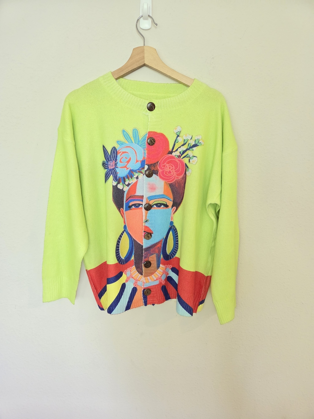 Artsy Green Button Front Cardigan Sweater Graphic Portrait Motif